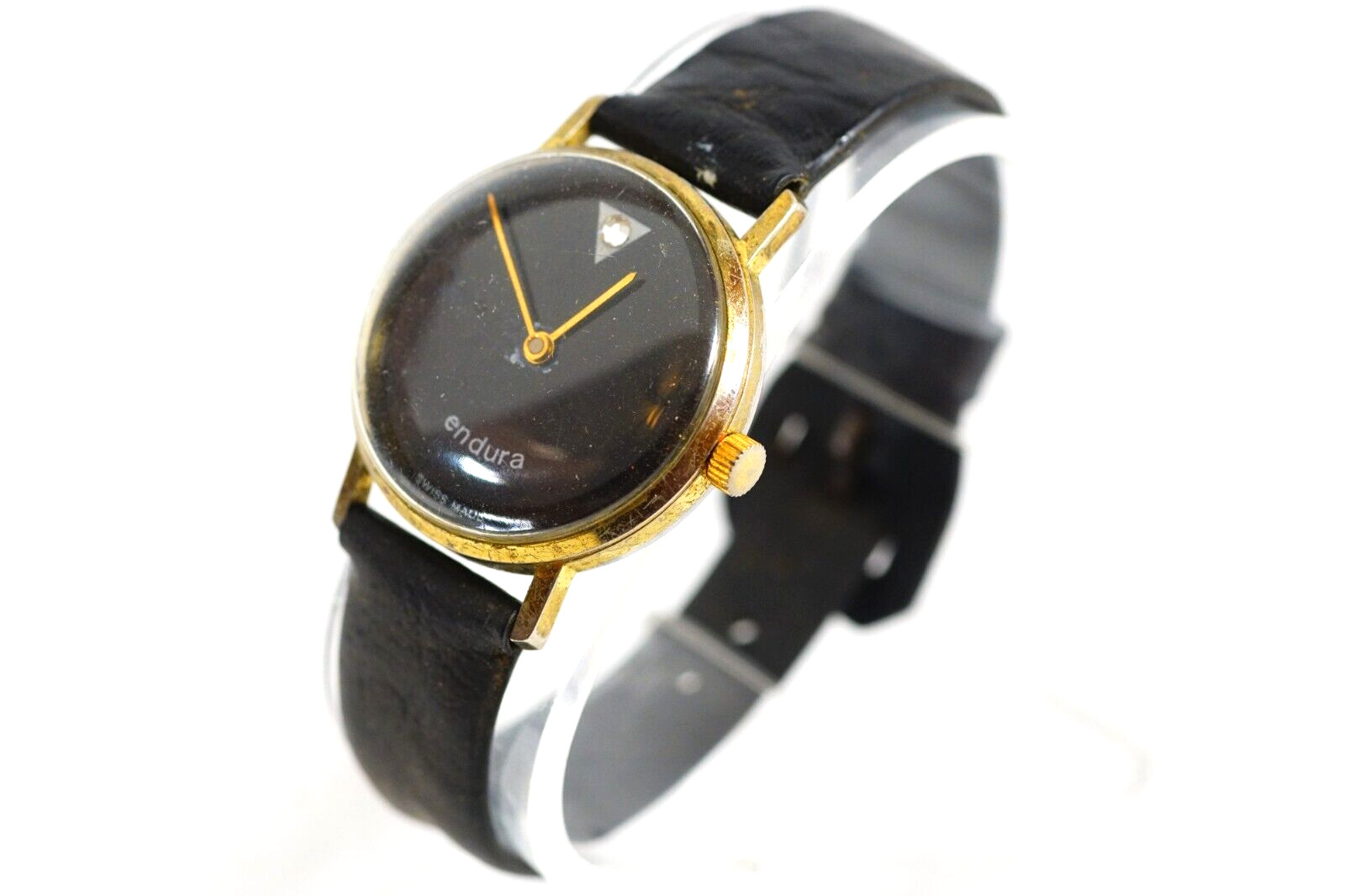 ENDURA Swiss Watch Black Rhinestone Dial Mechanical Wind Museum Wristwatch