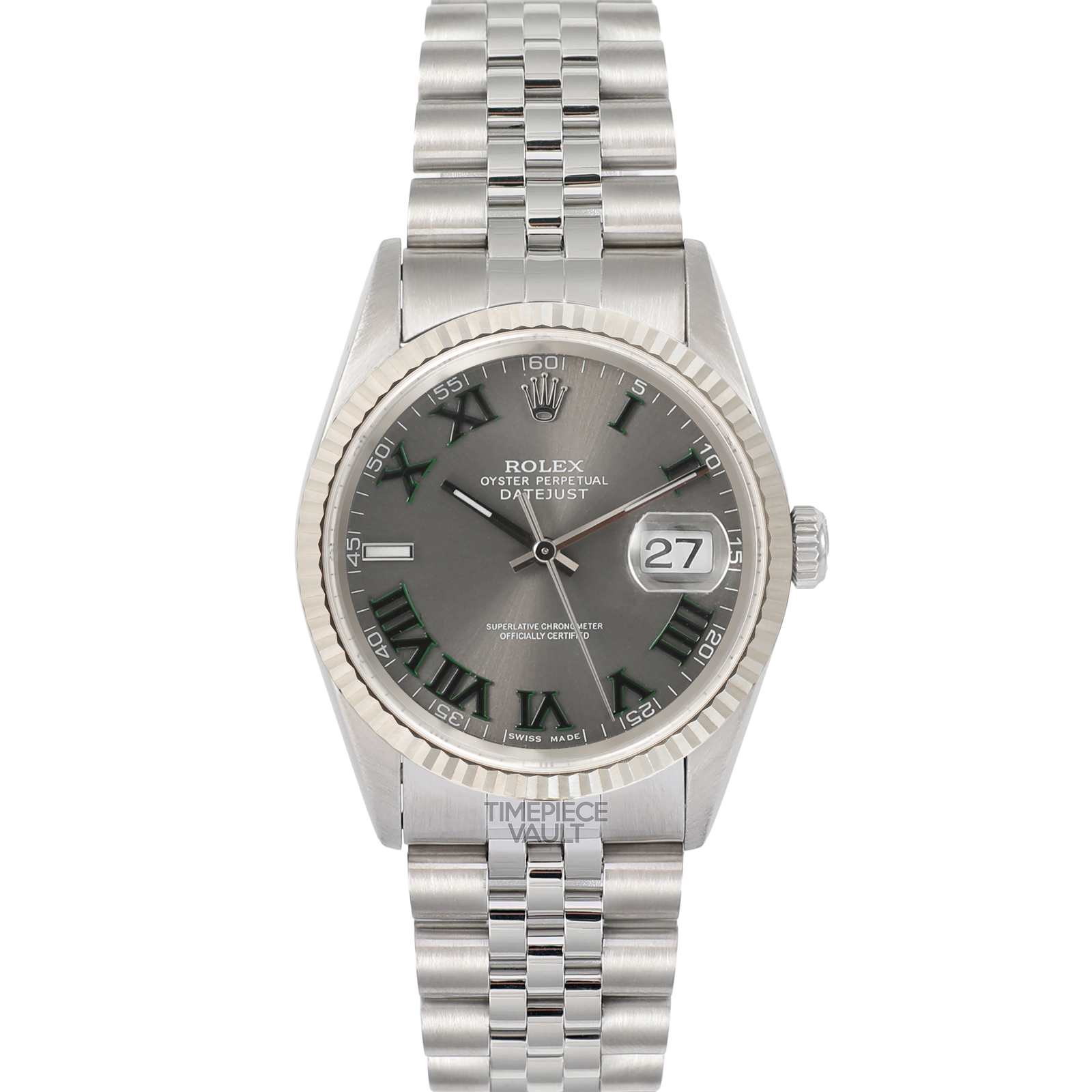 ROLEX DATEJUST 16234 STEEL NO HOLE 36MM CUSTOM WIMBLEDON DIAL 18K FLUTED BEZEL