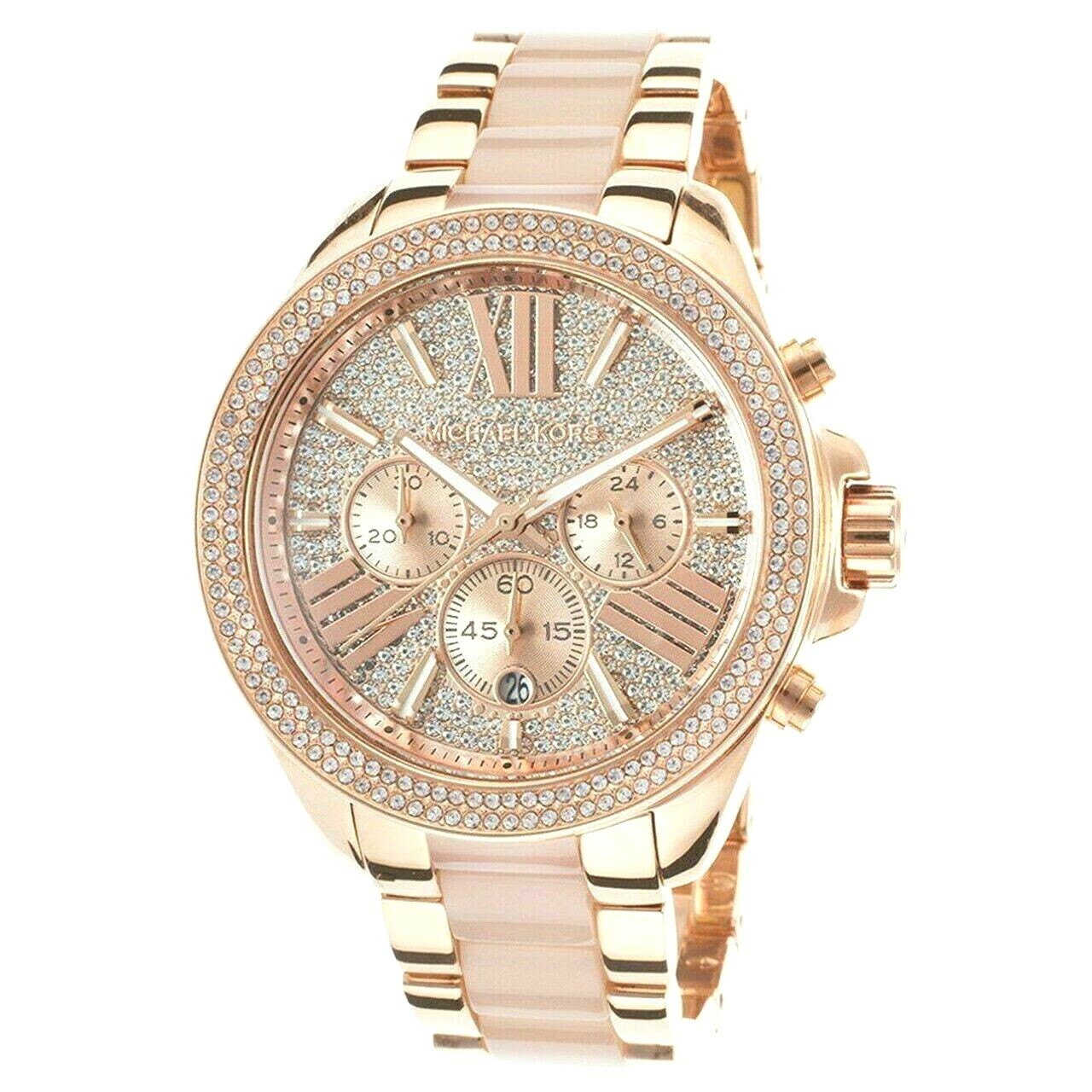 NEW MICHAEL KORS WREN ROSE GOLD+BEIGE HORN 2 TONE,CRYSTALS,BRACELET WATCH MK6096