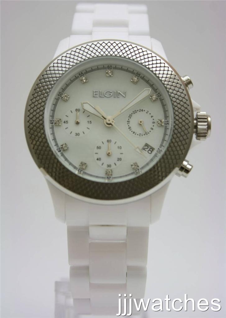 New Elgin Chrono White Acrylic band Pearl Dial Date Women Watch 40mm EG7040W