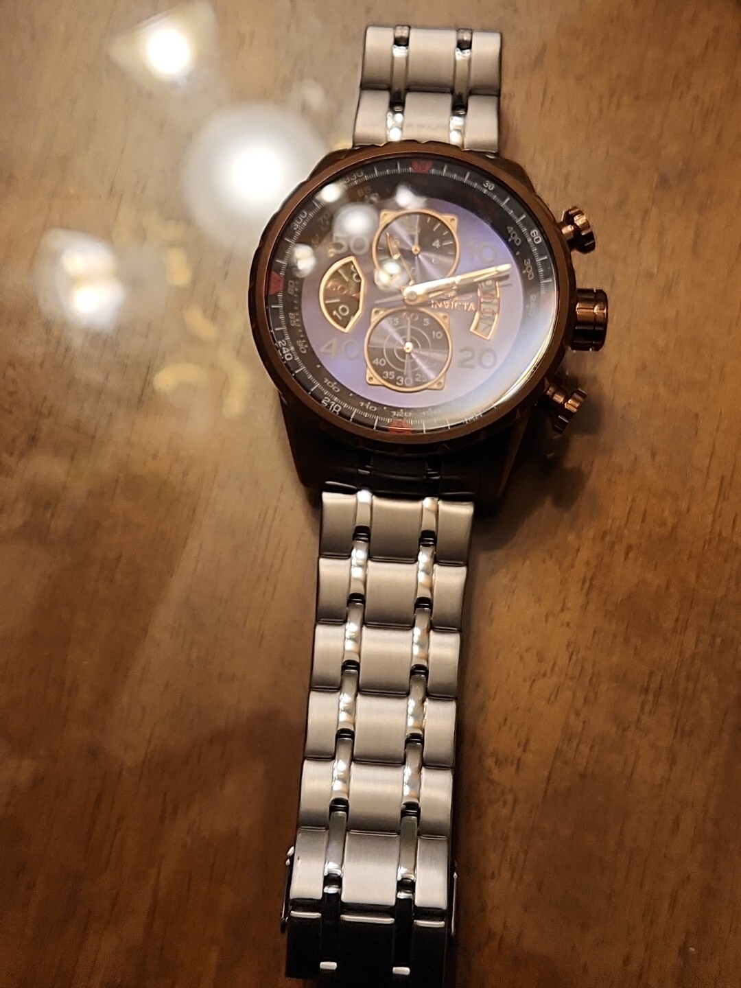 17203 Invicta Men AVIATOR CHRONOGRAPH ROSE GOLD BLUE Dial Silver Bracelet Watch