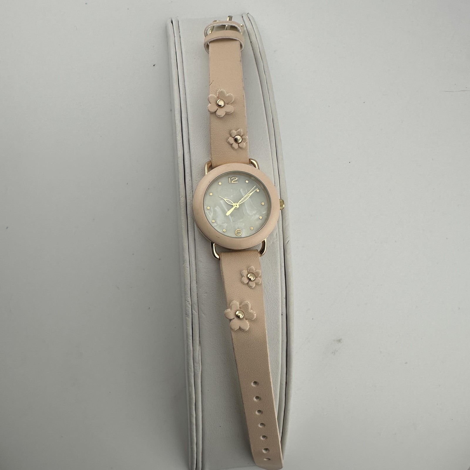 Womens Watch 31mm White Dial Gold Tone Pink Bezel Beige Floral Strap Buckle