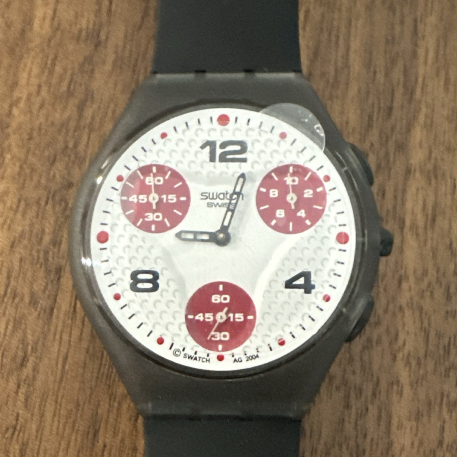 Swatch Dotty Dots Chronograph Quartz Analog Black Rubber Strap White Red