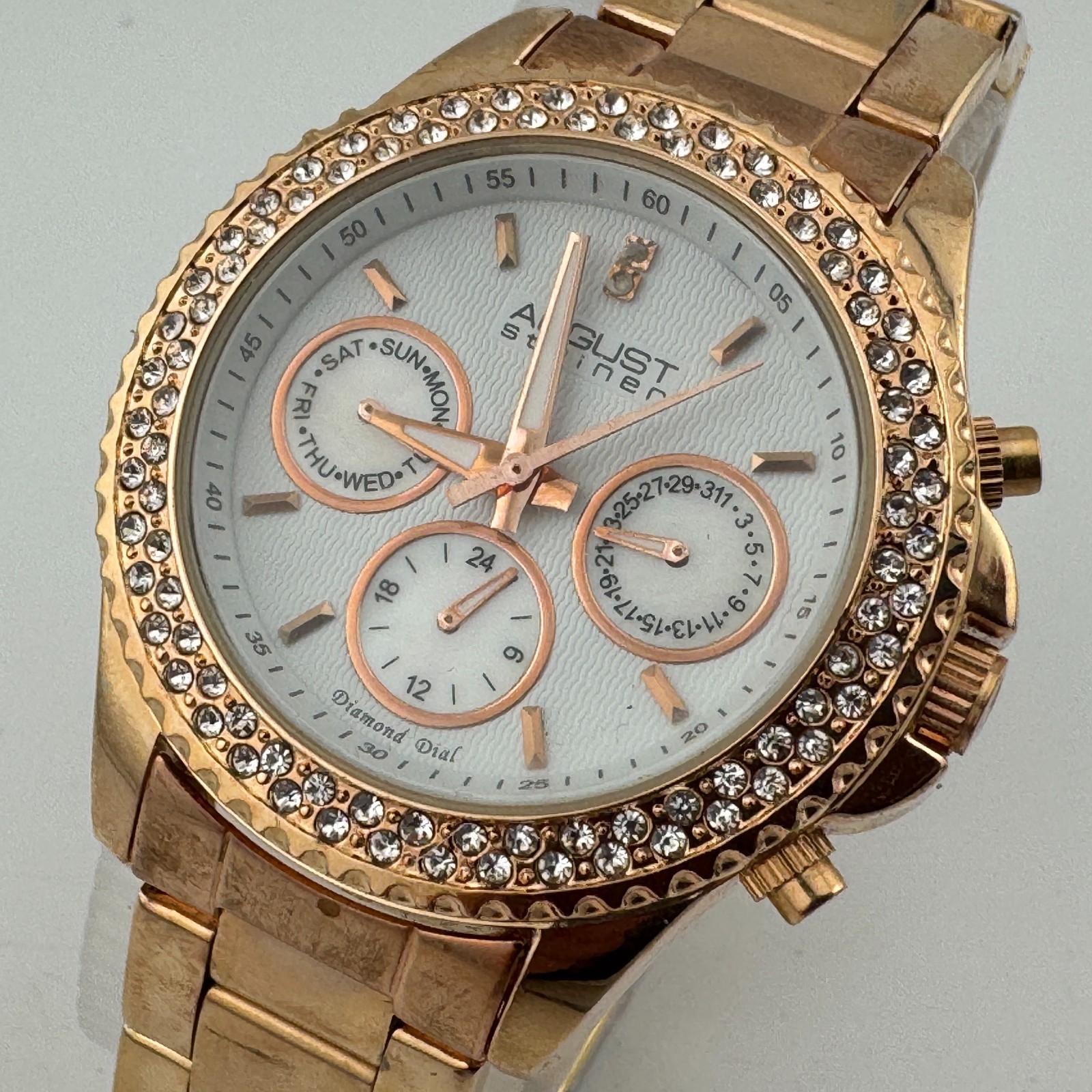 August Steiner Quartz Watch Unisex Rose Gold Diamonds Day Date New Battery 7.5″