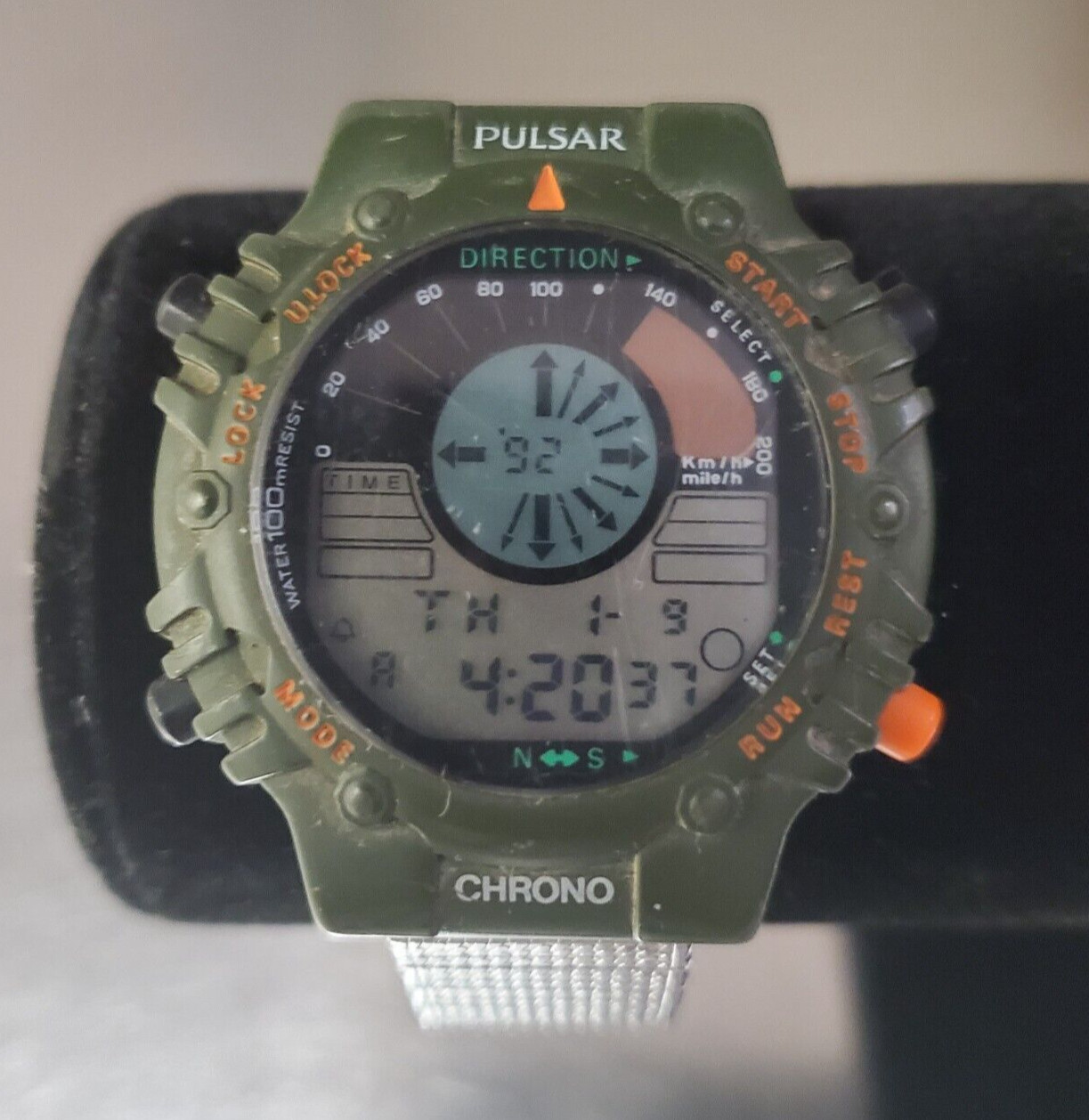 Pulsar Watch Vintage Men’s Rare Digital Compass Vintage Chrono W800-0040 41 mm