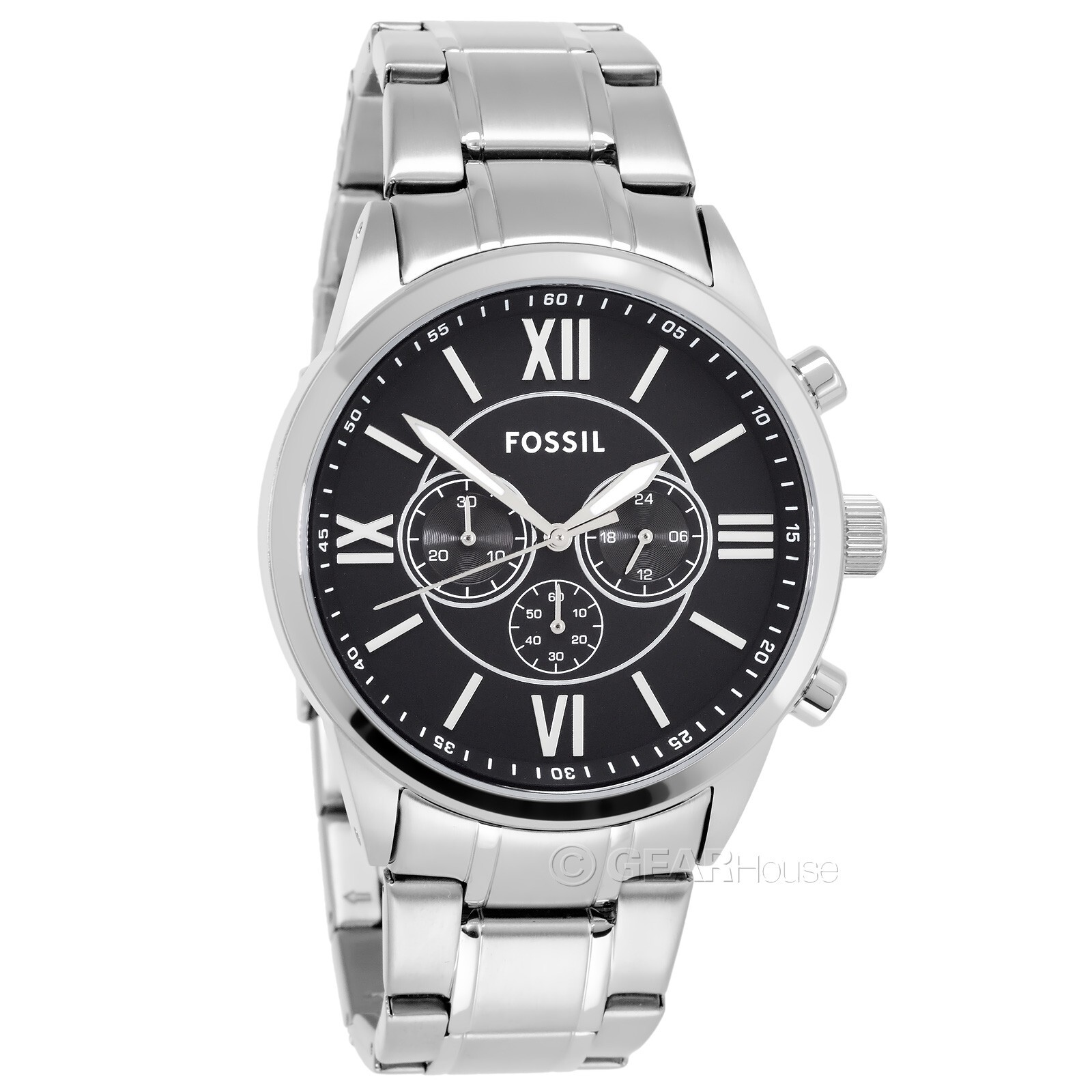 FOSSIL Flynn Mens Chronograph Watch Large Black Dial Silver Stainless Steel Band