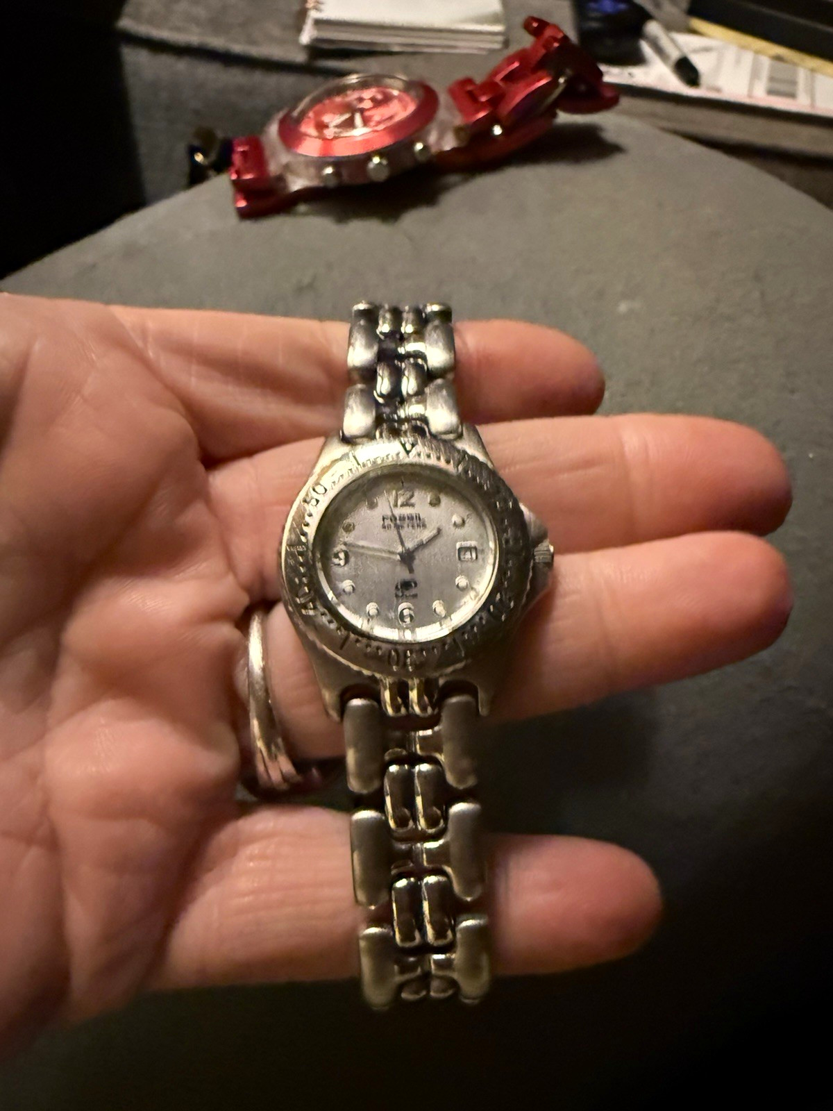 VTG Fossil Blue Women’s Quartz Analog Watch Silver SS Bracelet, Date, 50m