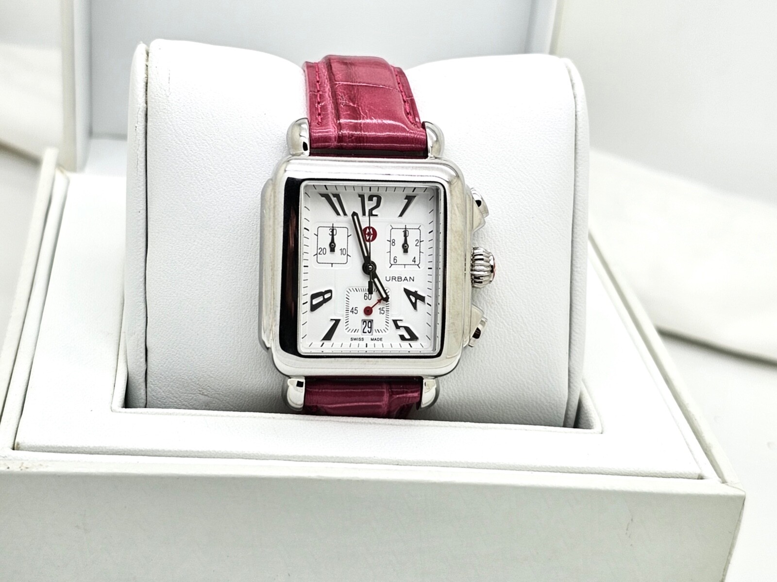 MICHELE URBAN MW02B00 SS CHRONOGRAPH,EXCELLENT UNUSED IN BOX,23J ETA,PINK BAND