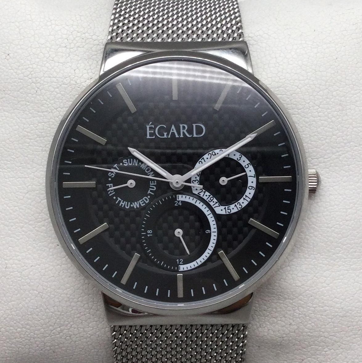 Egard Mens Watch 40mm Black Dial Silver Tone Stainless Band Day Date New Battery