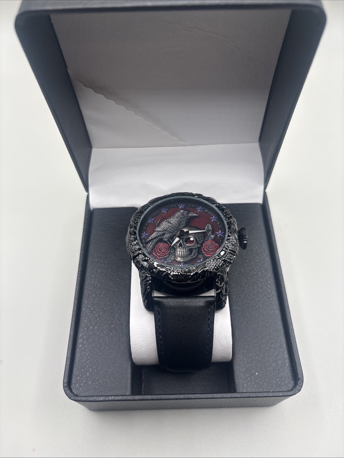Gothic Style Midnight Ticks Watch Crow With Skull Red Roses Wristwatch