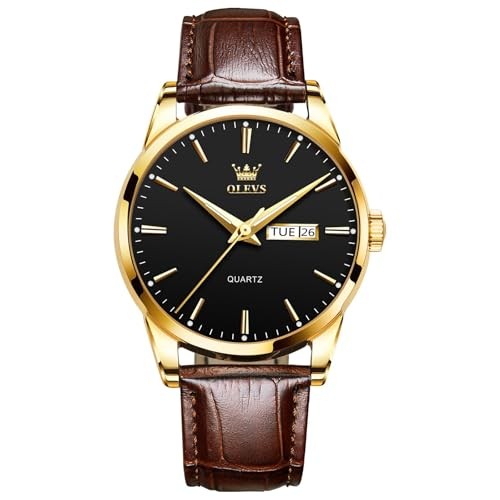 Men’s Casual Leather Watch, Easy to Read Three 02 Black Face/Brown Leather Band