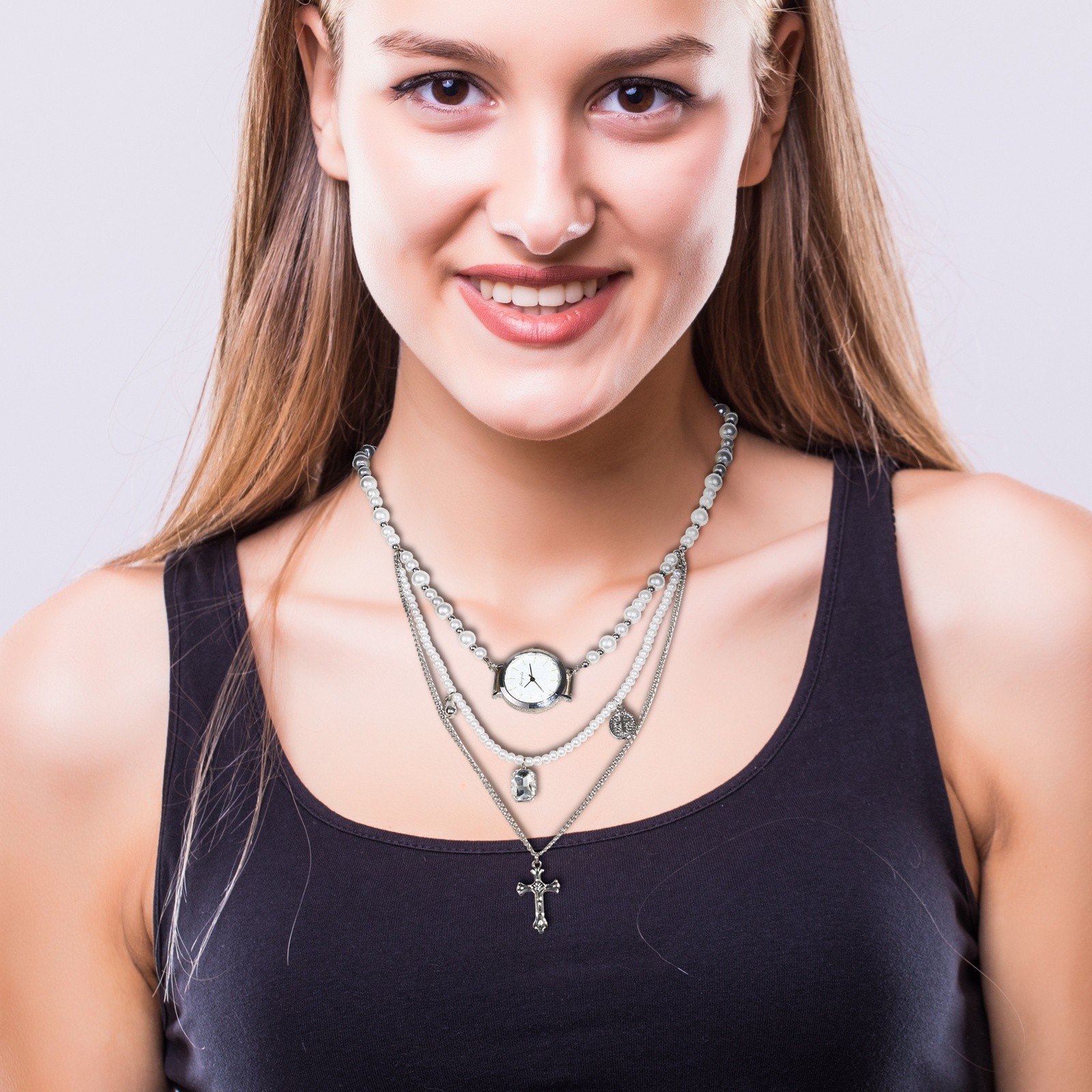 3 Layers Necklace Watch Analog Quartz Cross Faux Pearl Choker Womens WristWatch