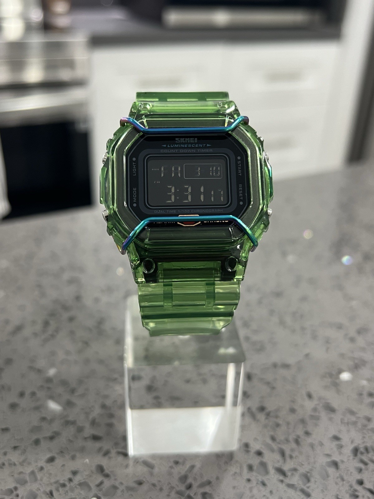 Gshock DW5600 Mod Custom Skmei Watch Clear Green Black Dial / Green Travel Case