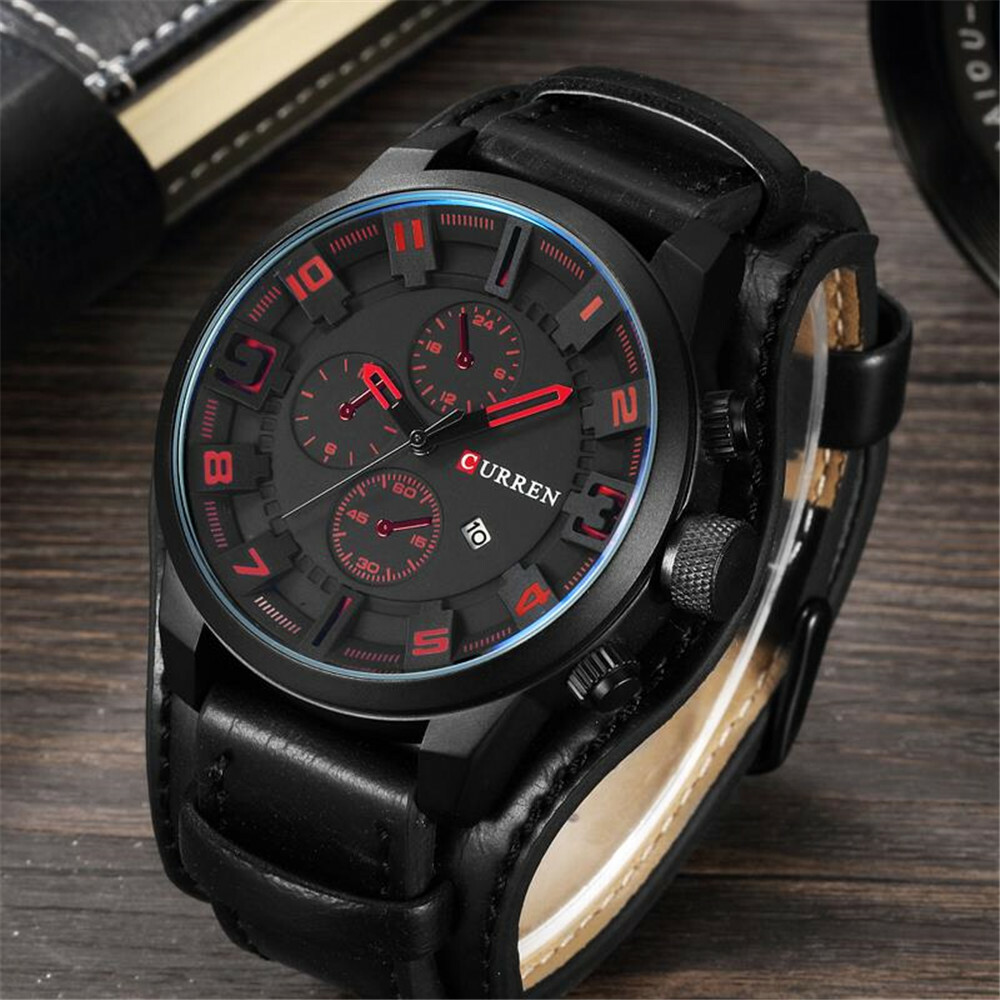CURREN Men Quartz Watch Large Dial Fashion Leather Male Military Wristwatch Gift