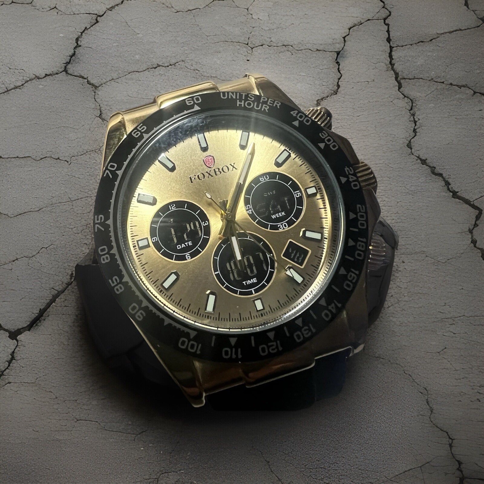 Foxbox digital and analog, black and gold,44mm, WR30M Japan men’s