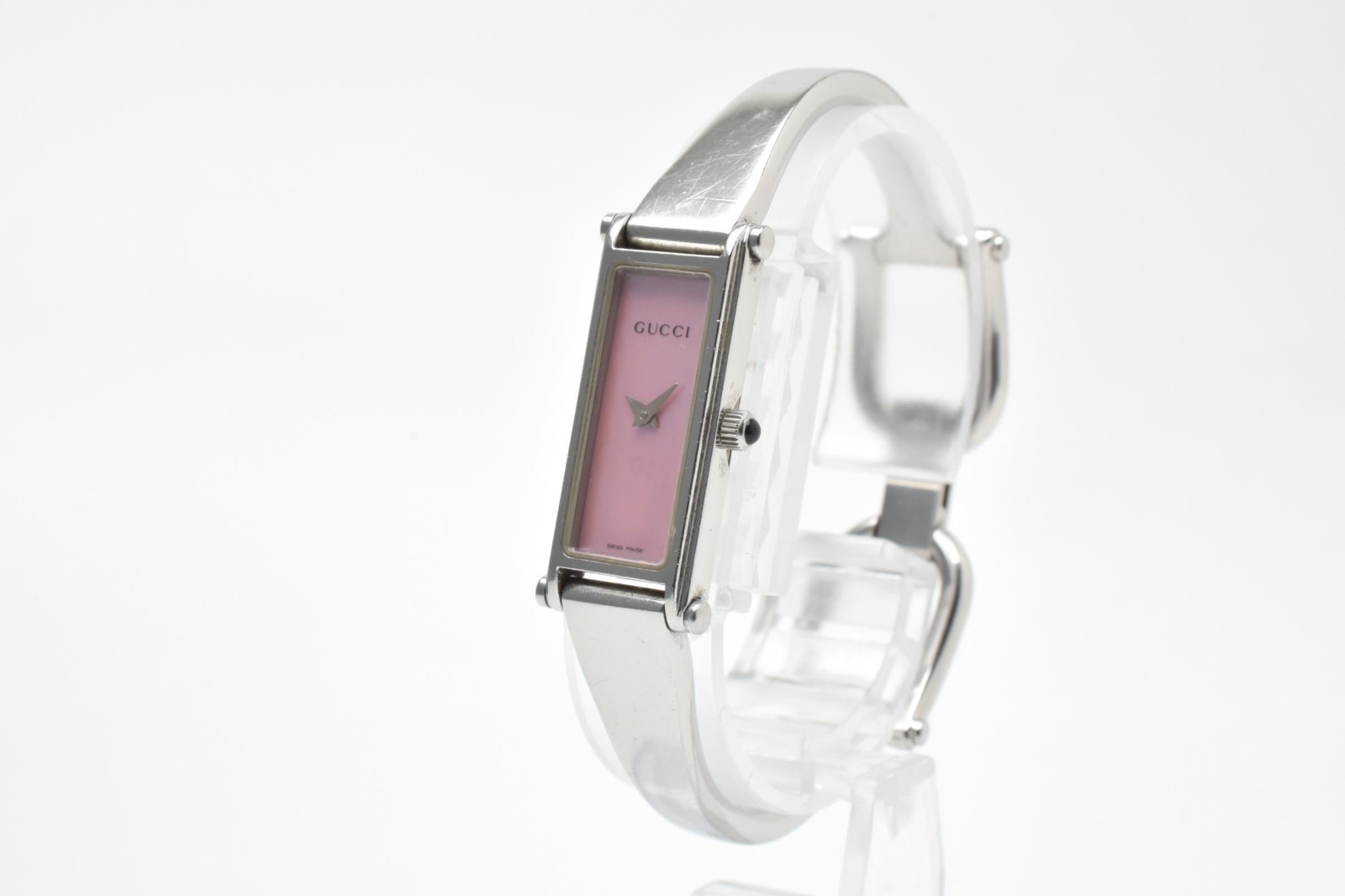 GUCCI 1500L Quartz Women’s Rectangular Bangle Wristwatch Pink Dial Steel 12mm