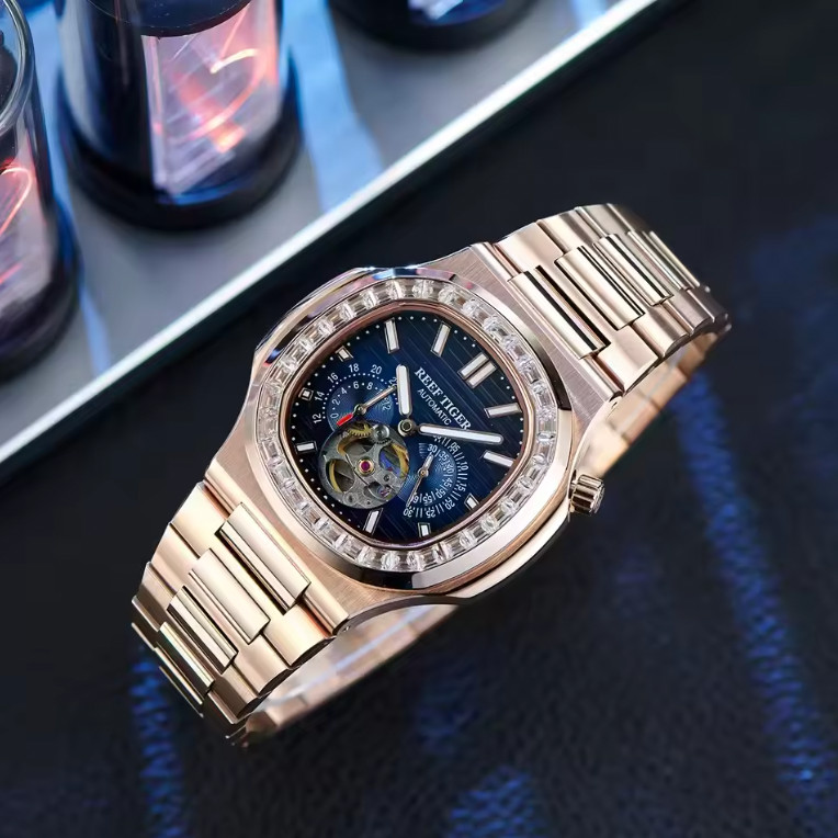 Reef Tiger Luxury Watch For Men Stainless Steel Skeleton Dial Watches Mens Watch