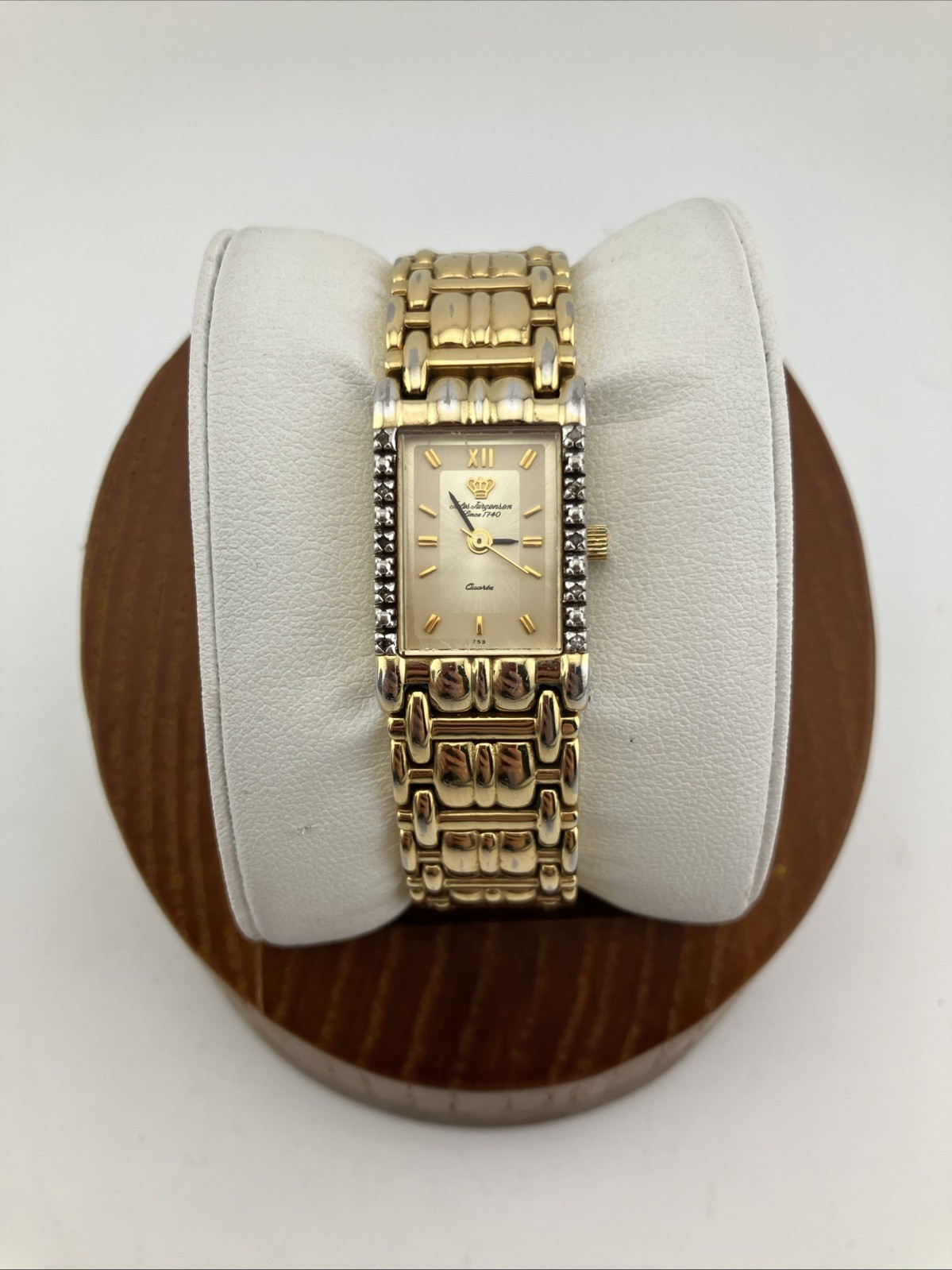 Vtg Jules Jurgensen Ladies 17mm Gold Tone Diamond Bezel Gold Dial 6” 7454 – RUNS