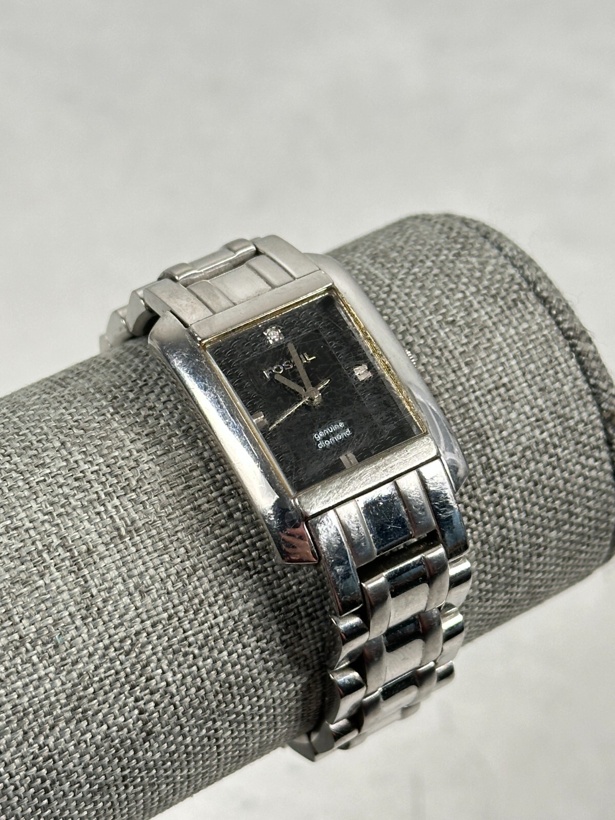 Fossil Watch Womens 24mm Rectangle Diamond Silver Tone 6.5″ New Battery READ