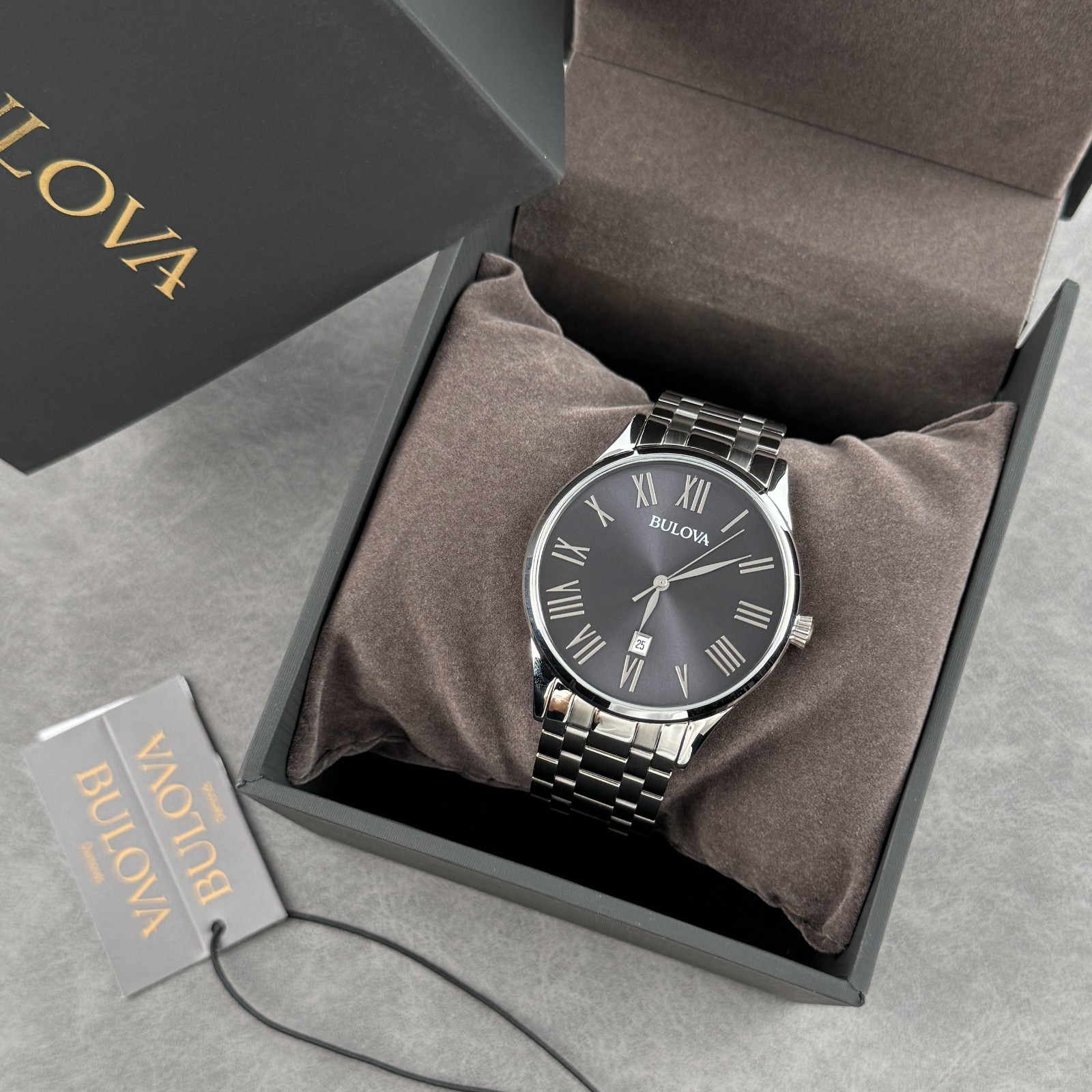 Bulova Classic Gunmetal Dial 40mm Silver Tone Stainless Steel Men’s Watch 96B261