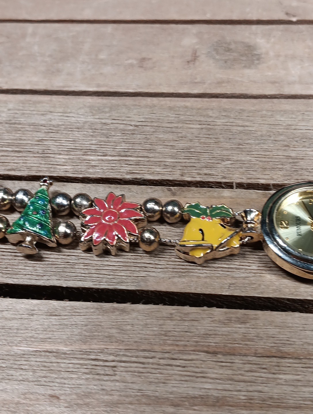 Christmas Watch Rumours Quartz Enameled Bracelet Poinsettias Presents Bells Tree