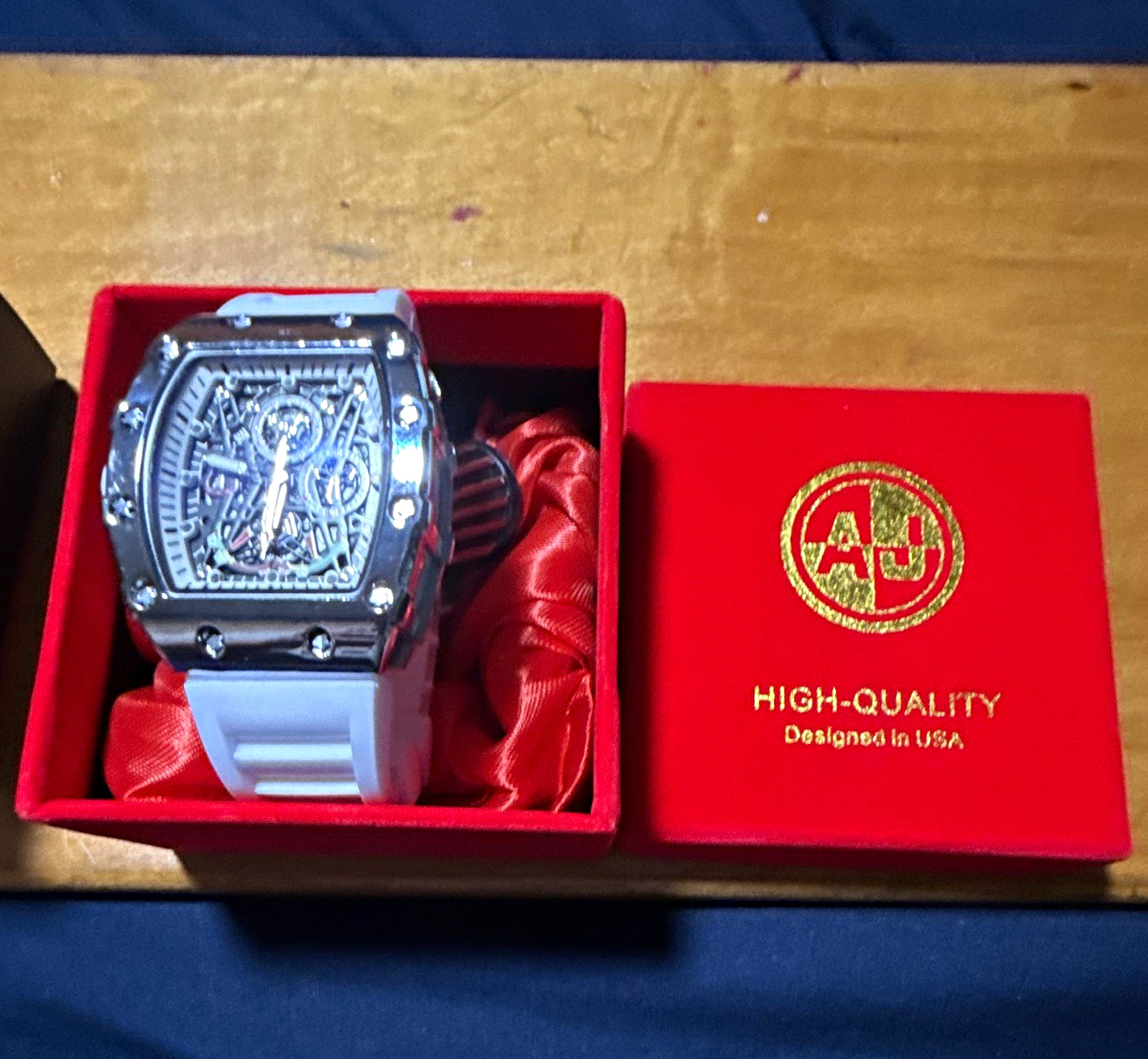 AJ Tonneau Analog Quartz Chronograph Skeleton Dial White Rubber Strap w/ Box