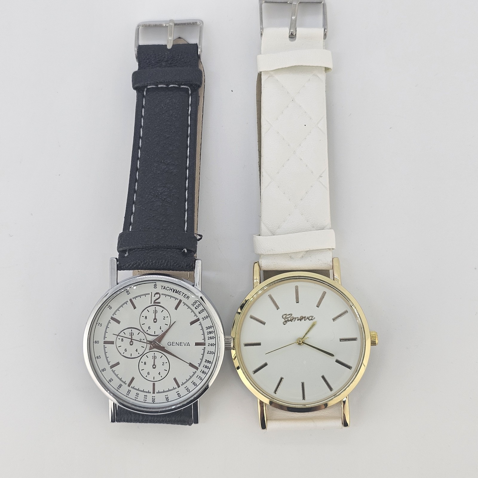 2X Women Watch 37MM White Cream Dial Black White Faux Leather Bands NEW Battery