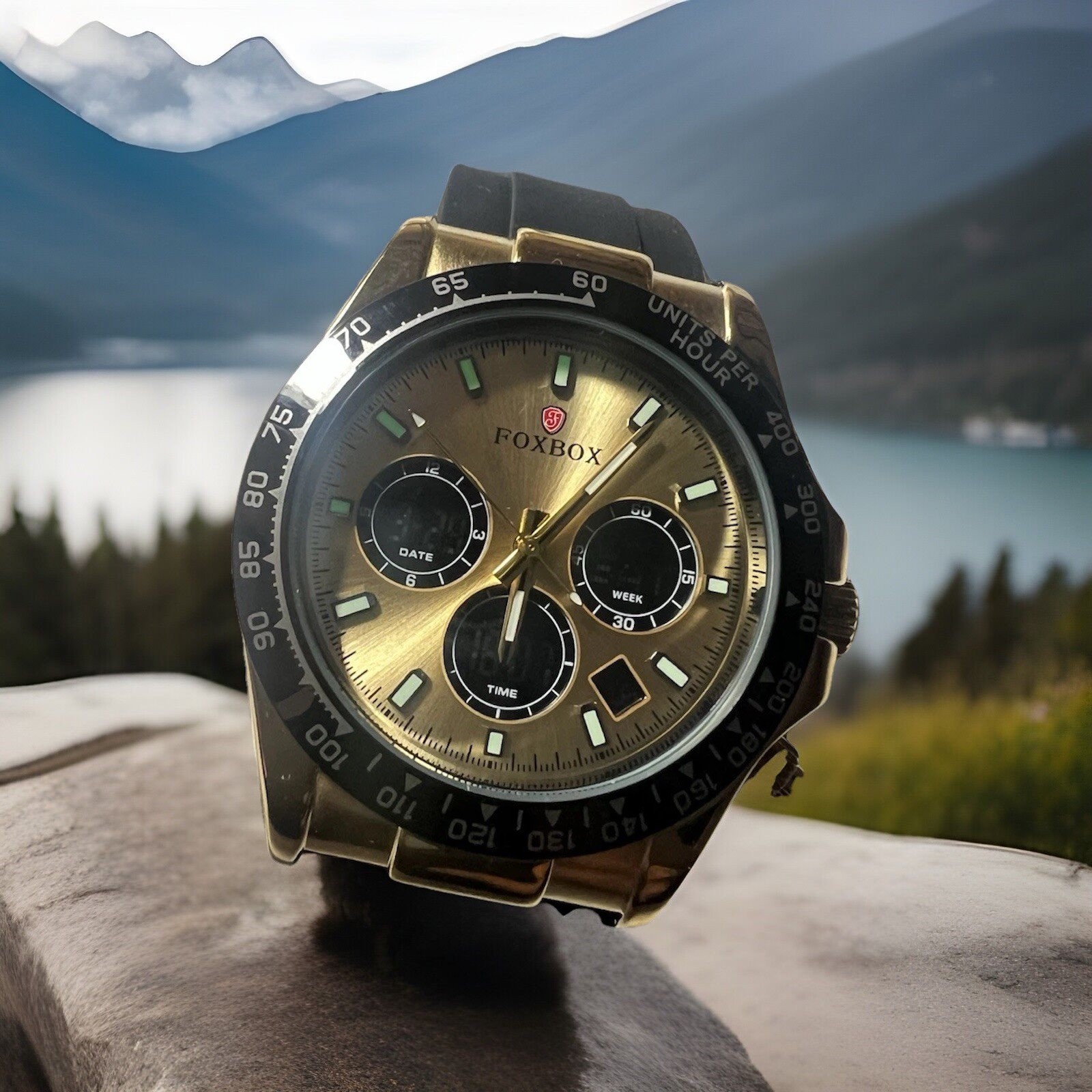 Foxbox digital and analog, black and gold,44mm, WR30M Japan men’s