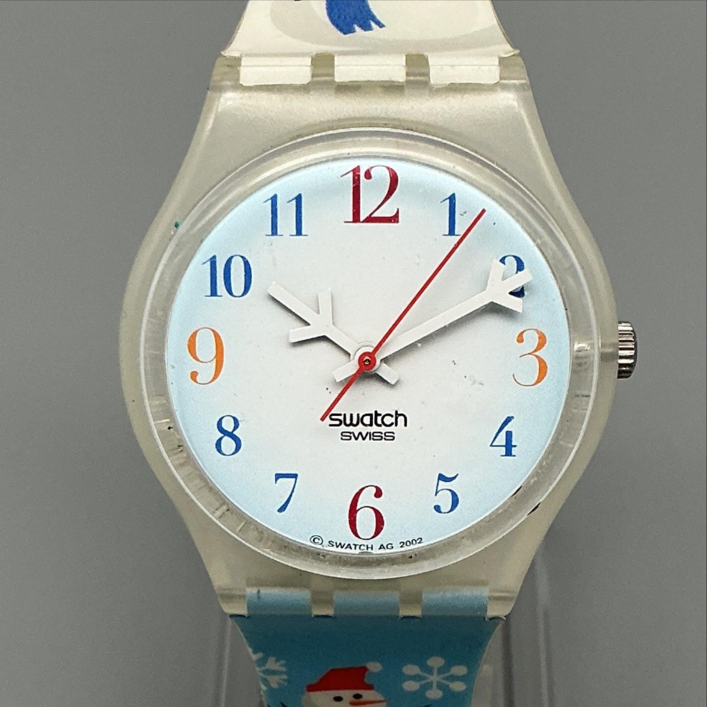 Vintage Swatch Flaky Christmas Watch 30mm Snowman Band Clear Case New Battery