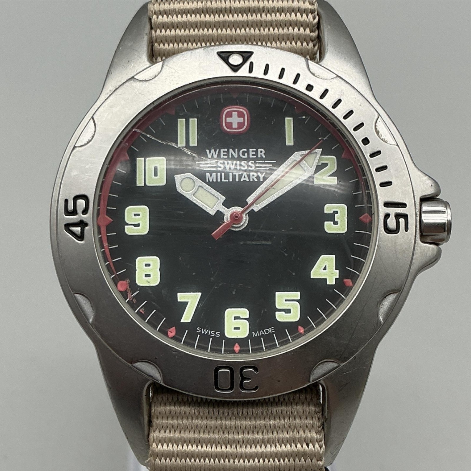 Wenger Swiss Military Mens Watch 38mm Black Dial Beige Band 7097X New Battery