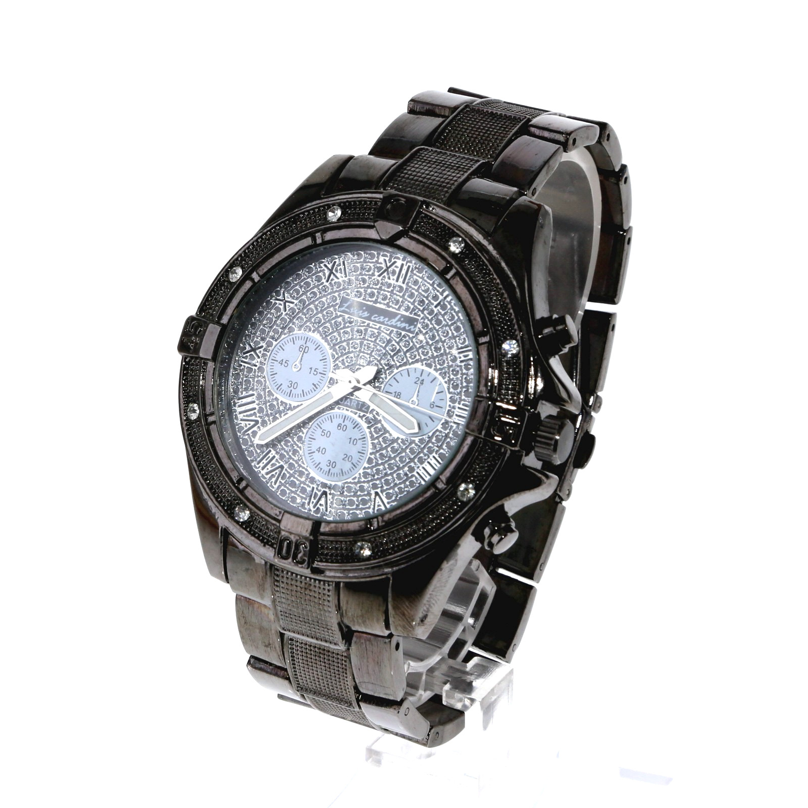 Men’s Heavy Metal Bezel Watch Hip Hop Iced Gun Finish Metal Link Band