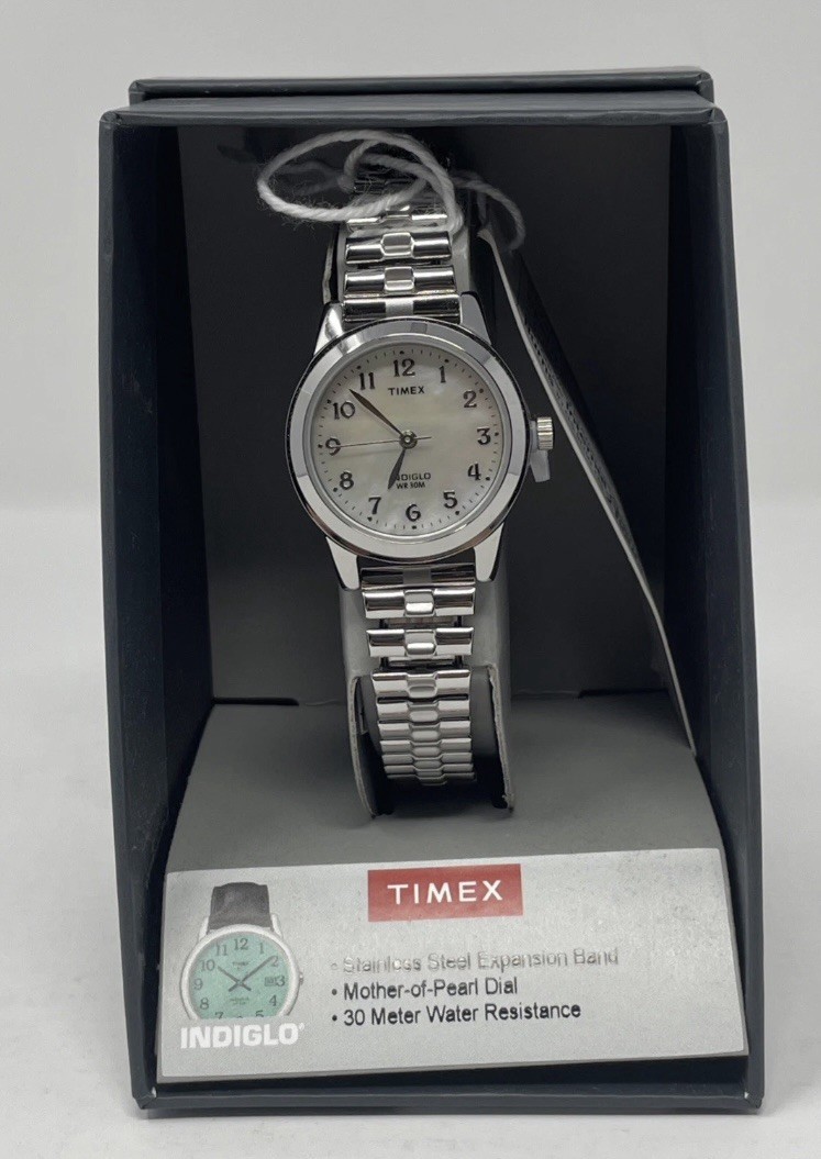 Indigo Timex T2M826-WX Silver Tone Metal Band Mother of Pearl Dial Women’s Watch