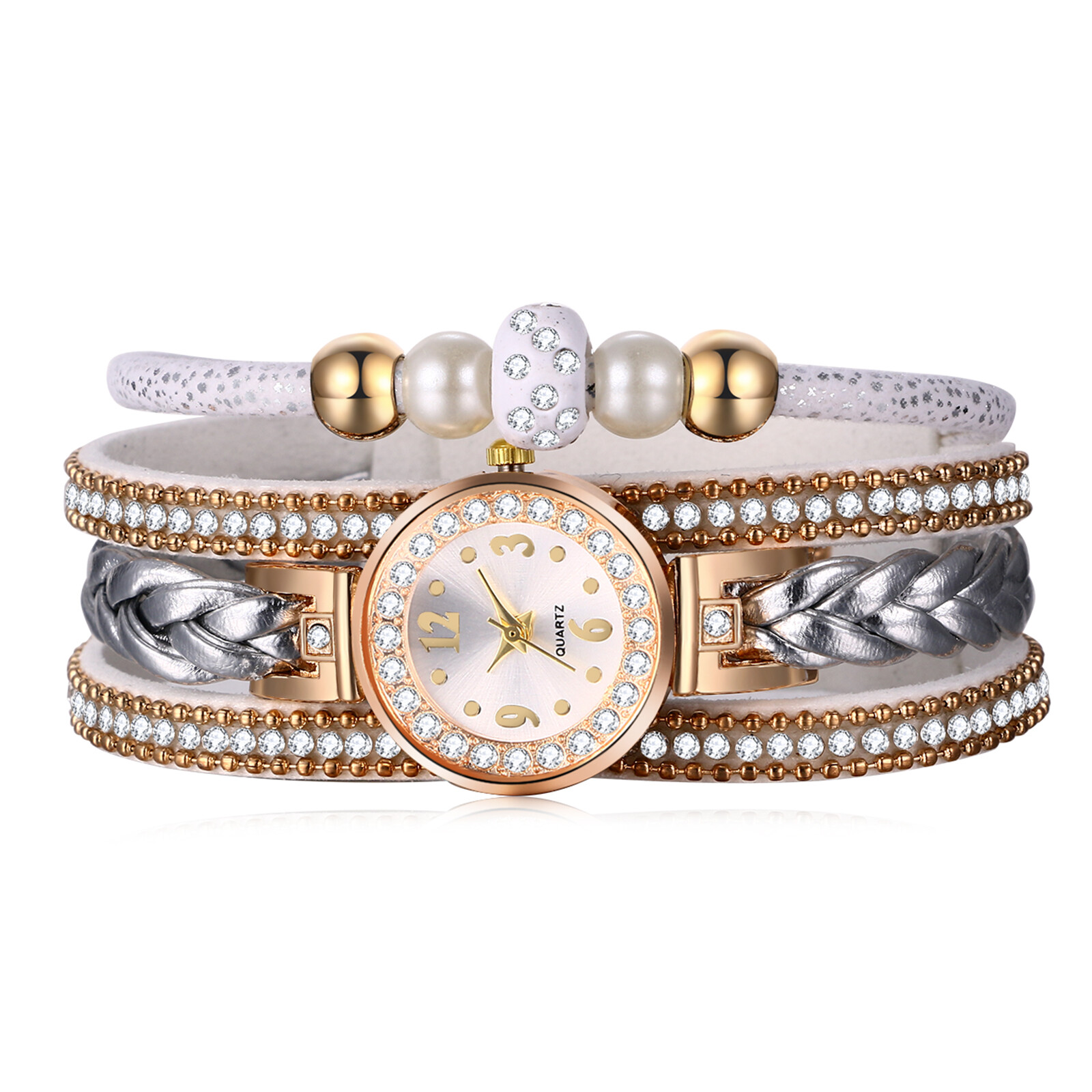 Women Girls Boho Rhinestone Leather Wrap Bracelet Analog Quartz Dress Wristwatch
