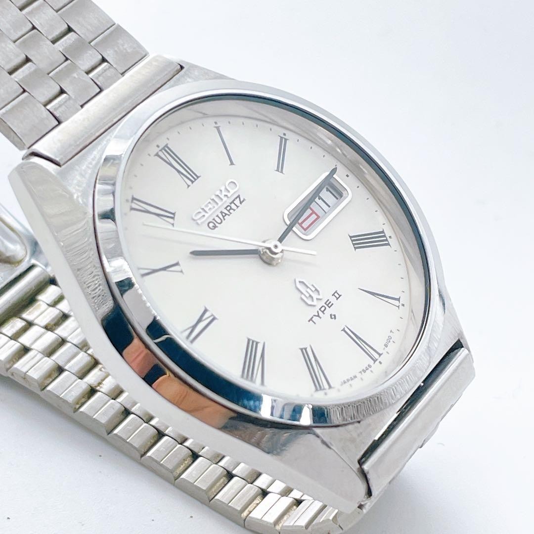 Seiko Type II 7546 – 8000 Quartz Watch Silver Dial Day Date 1979 Vintage