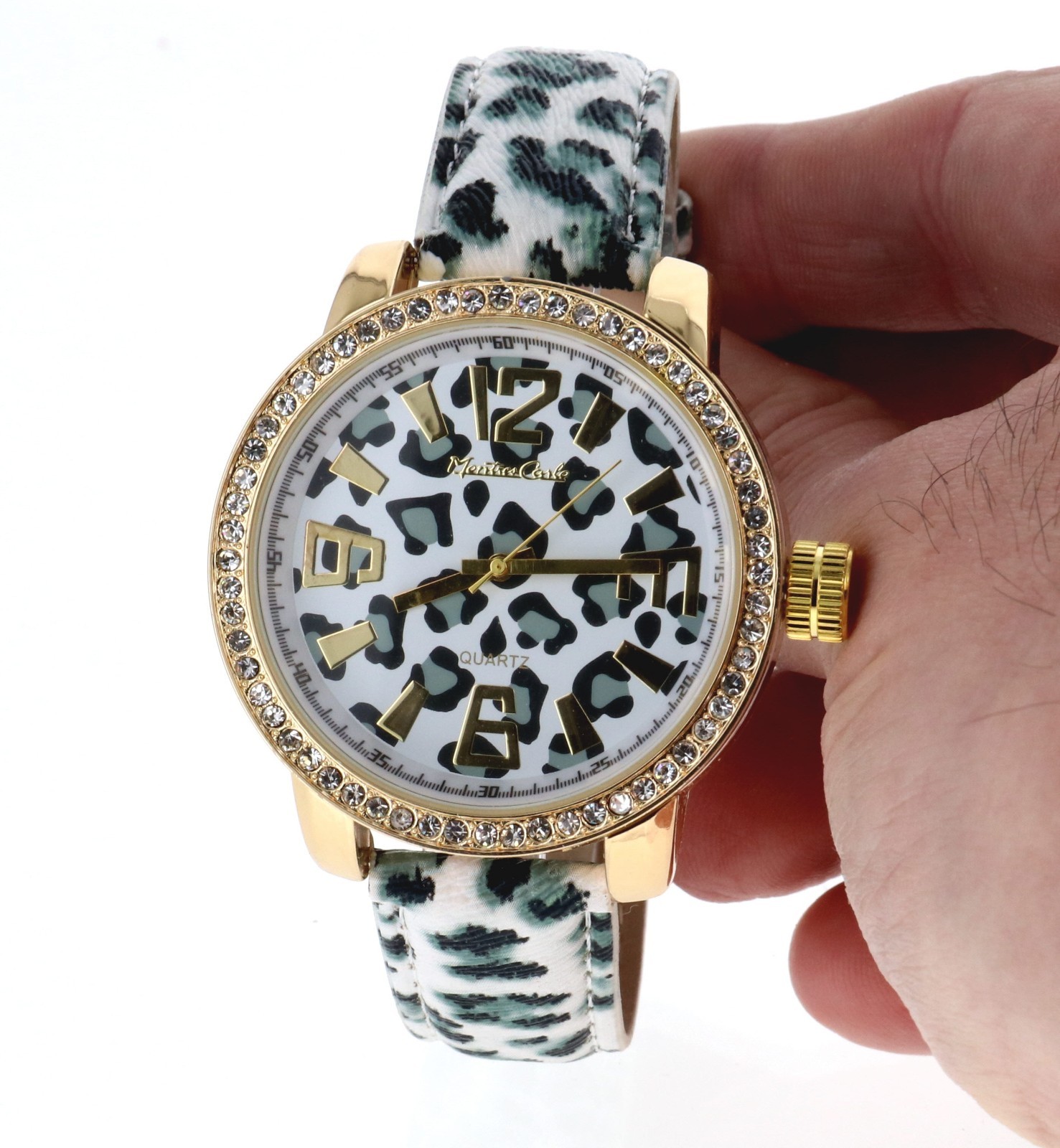 Montres Carlo Leopard Print Rhinestone on Bezel Watch Faux Leather Band