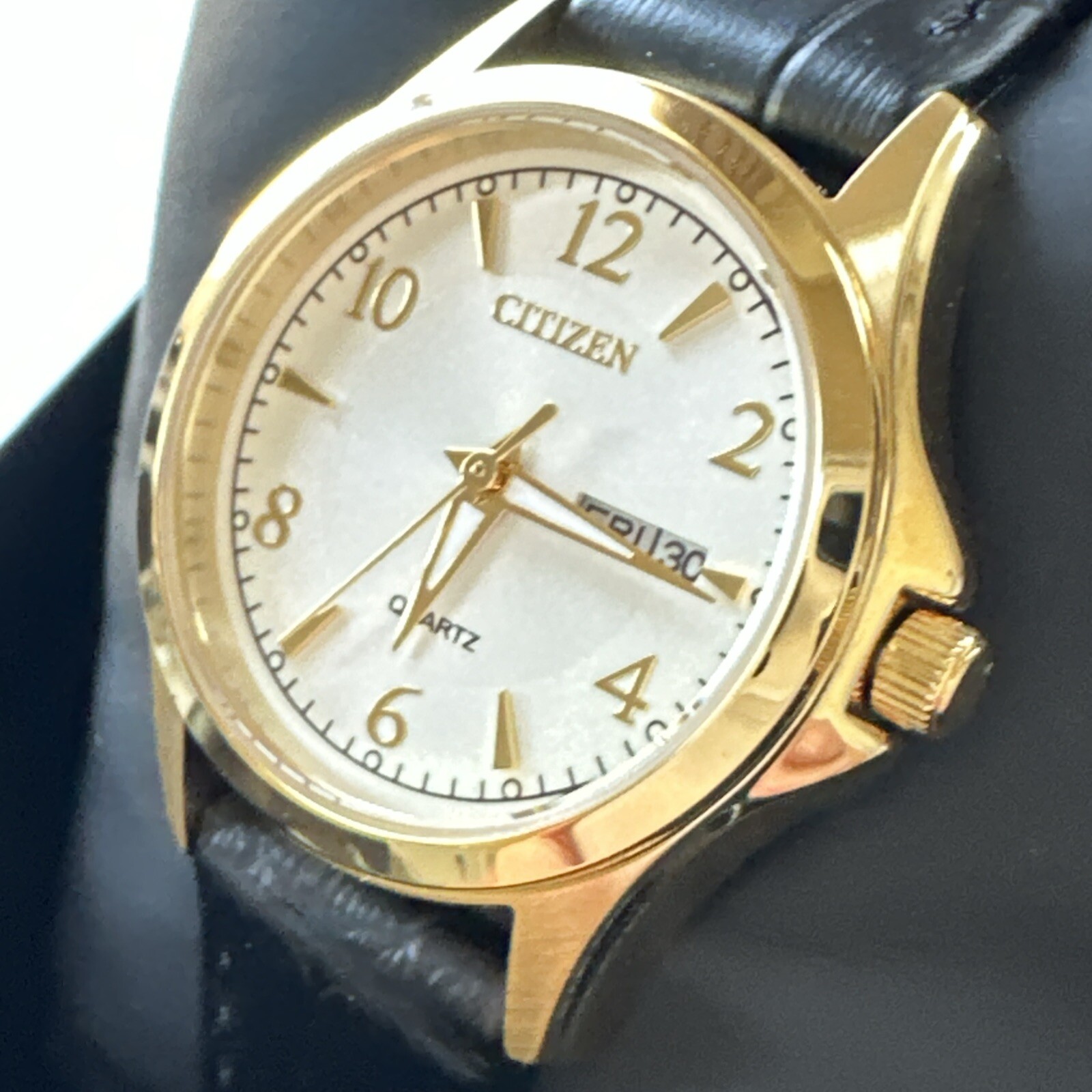 Citizen Women’s Watch EQ0593-26A Quartz 27mm Silver Dial Gold Black Leather Band