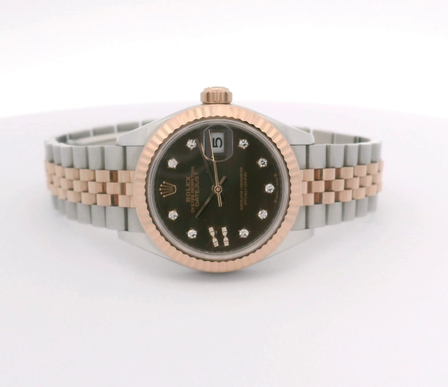 Rolex Lady-DateJust 18k Rose Gold Steel 28mm Diamond Chocolate Dial Watch 279171