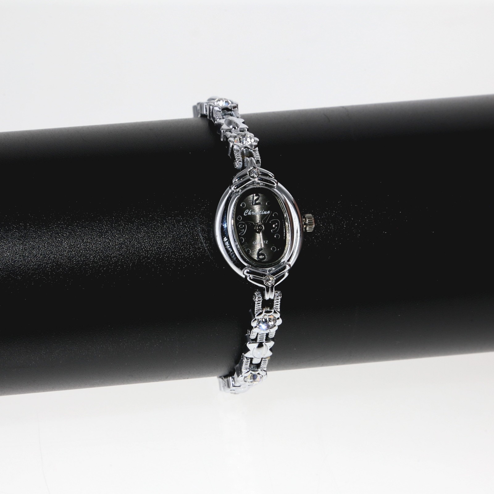 Silver Rhinestone Crystal Bracelet Watch 18.5mm x 23.7mm Black Metal Dial