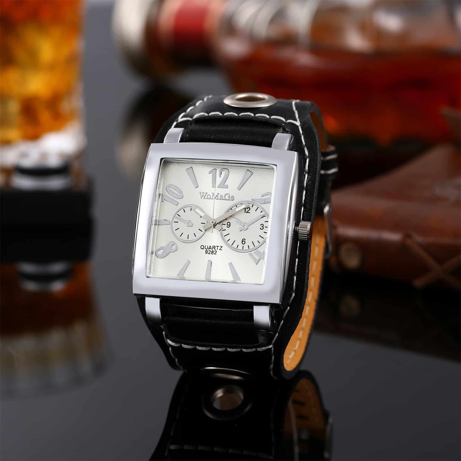 Men’s Steampunk Bold Rock Square PU Leather Cuff Watch Analog Quartz Wrist Watch
