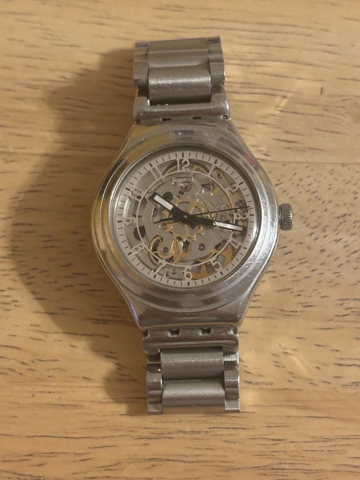 Swatch Irony Uncle Charly YAS112G Automatic Skeleton Watch RUNS CRACKED CRYSTAL