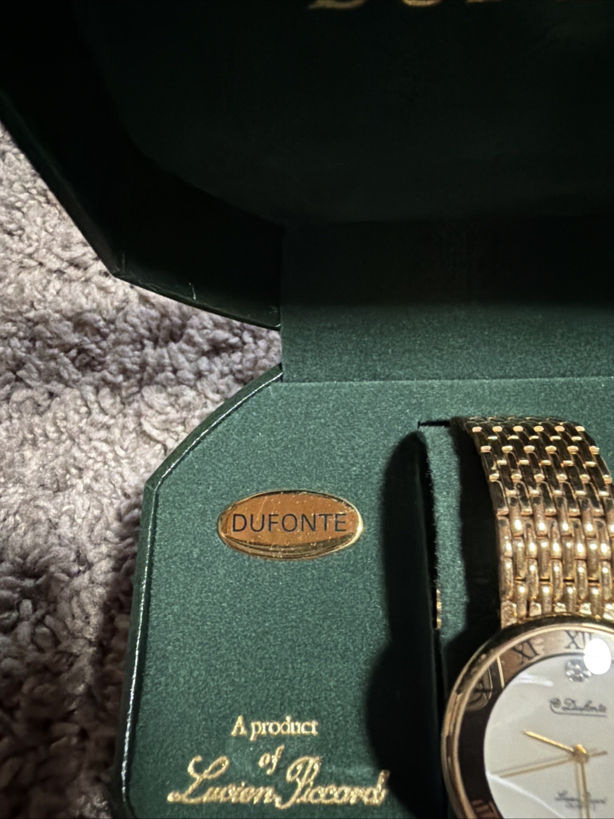 VTG Dufonte Lucian Piccard Gold Tone Diamond Watch Mesh Band MOP Dial Box Paper