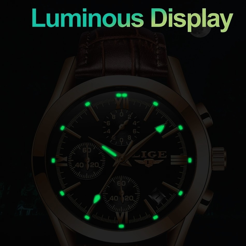 Men Business Watch Quartz Date Luminous Waterproof Leather Band Male Wristwatch