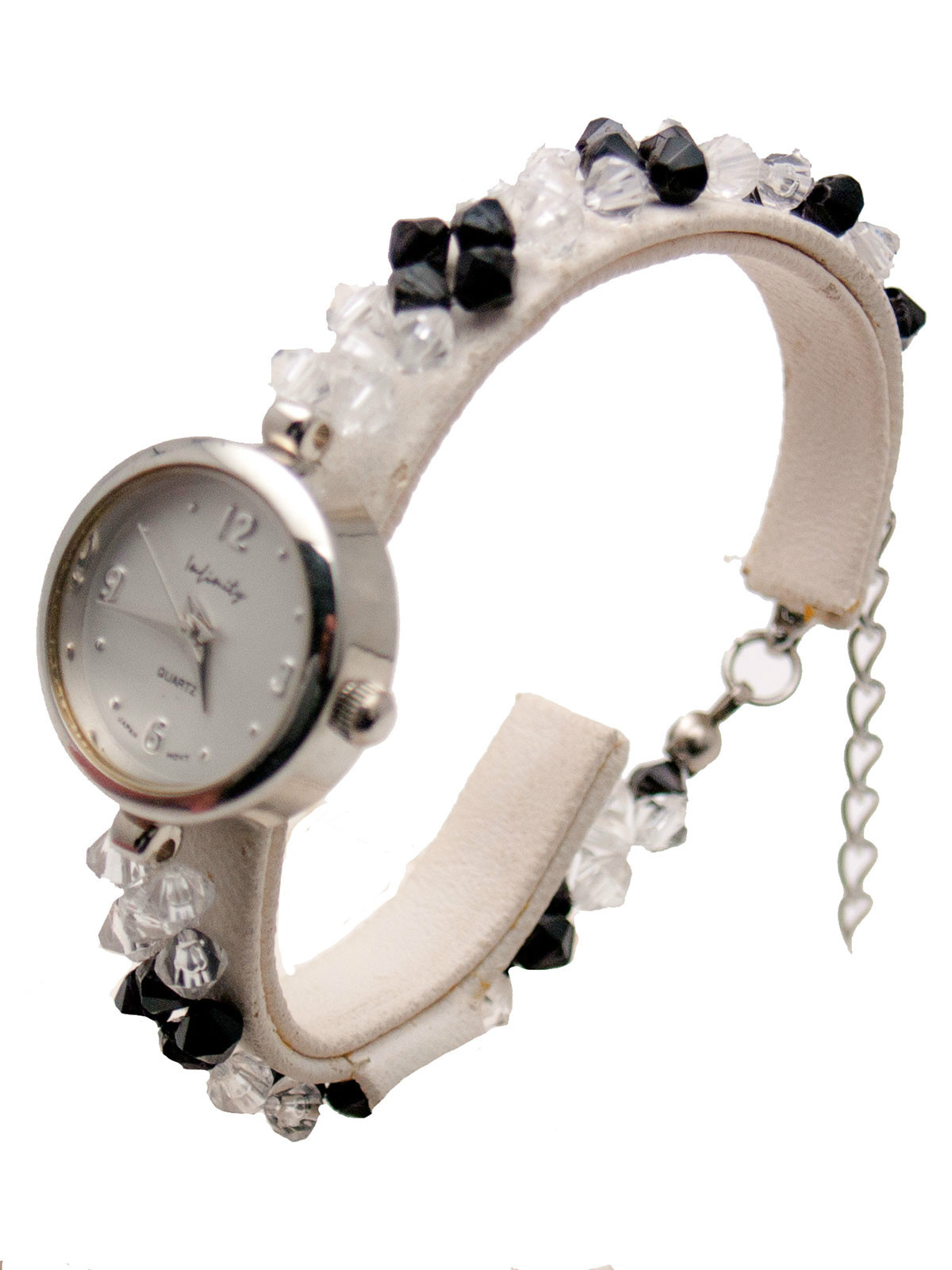 INFINITY WOMENS’ ANTIQUE LOOK GLASS BLACK/CLEAR COLOR BEADS WATCH BRACELET