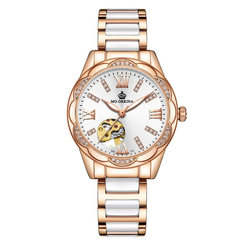 New Women Mechanical Automatic Skeleton Crystal Petal Shape Ceramic Wristwatches