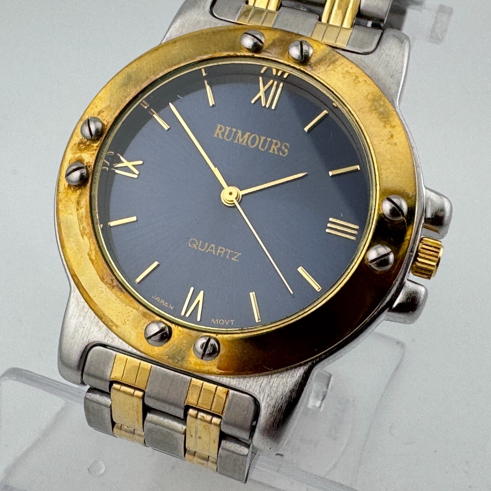 VTG Rumours Quartz Watch Men Dual Tone Blue Dial Japan Analog New Battery 8.25″