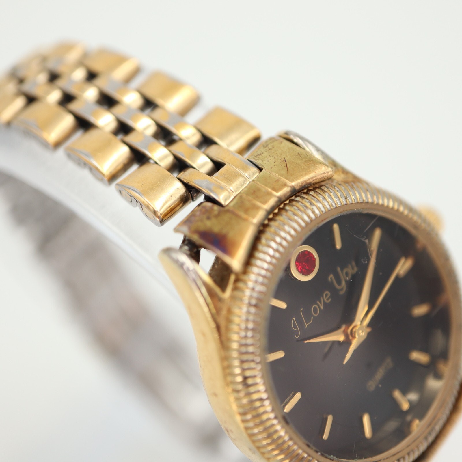 Womens Gold Tone “I Love You” Watch 25mm Black Dial w Red Gem Bracelet Working