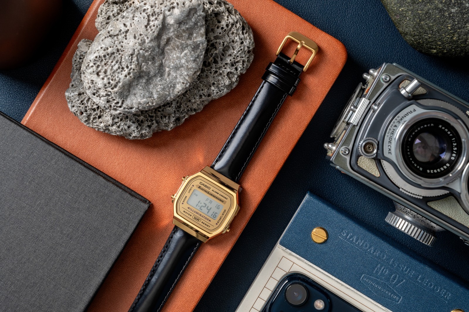 Casio A168WG Gold Digital Watch Black Leather Strap 18mm | Dressy Digital Watch