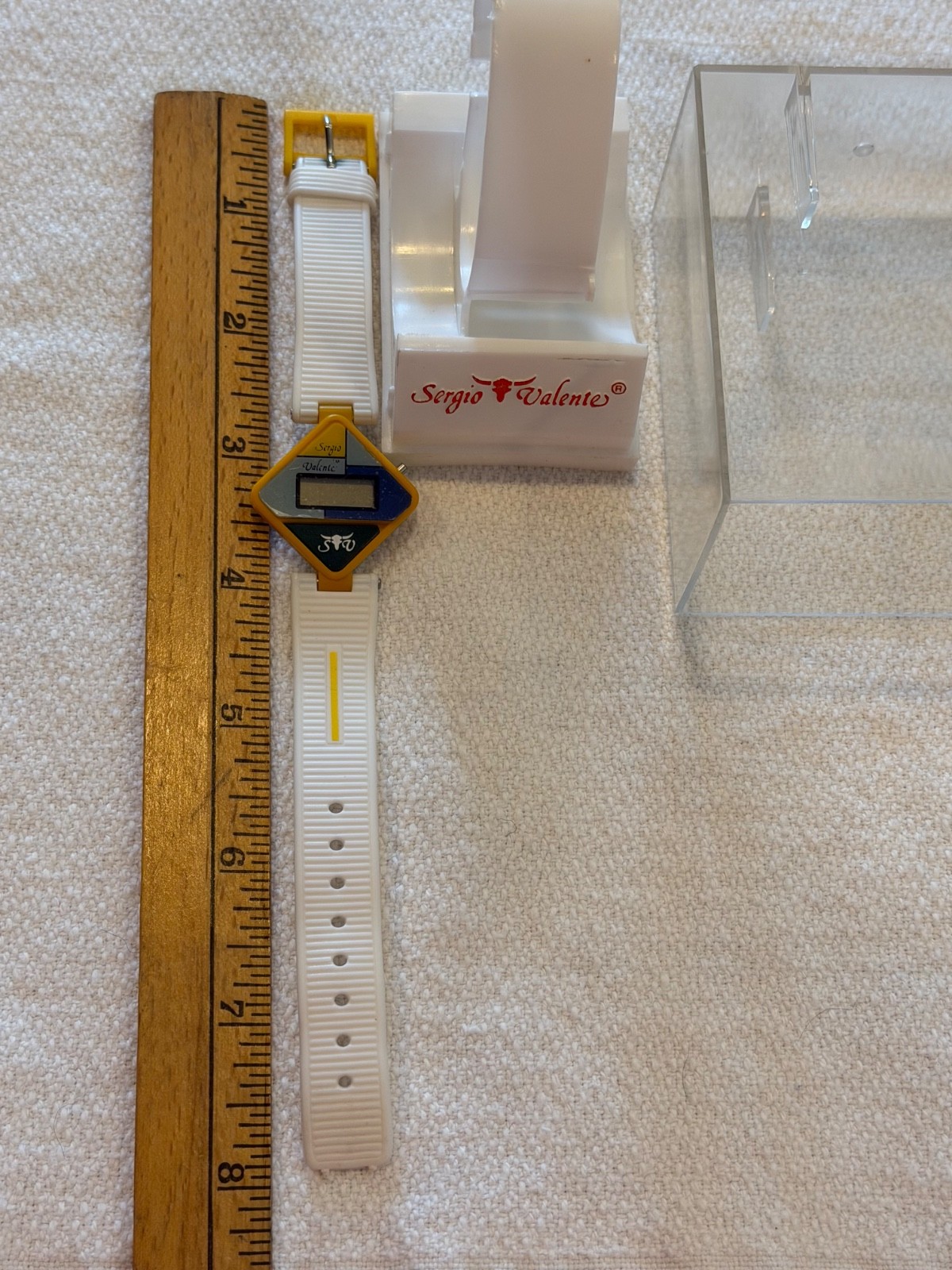 Vtg Novelty Sergio Valente Watch Space Tech White Yellow Watchband in Case