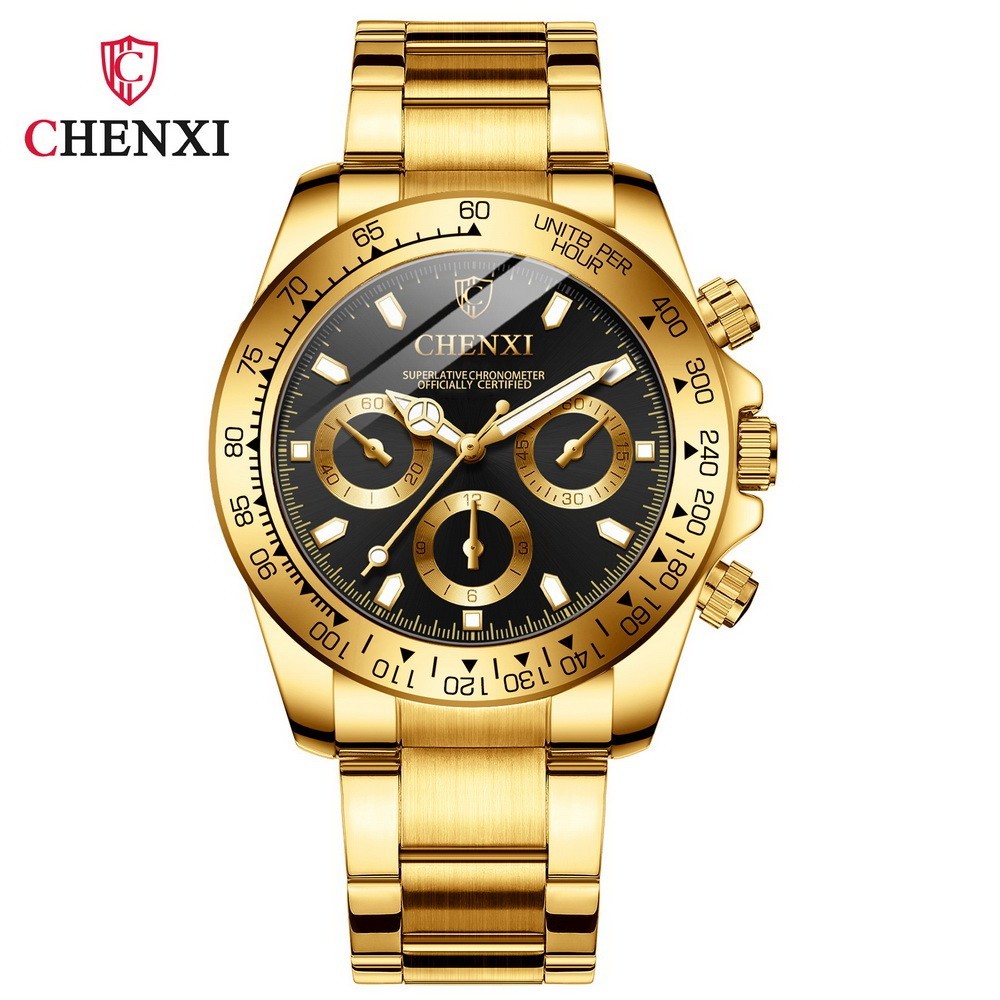 CHENXI Men’s Fake Decoration Dial Gold Steel Business Luminous Quartz Watch Gift