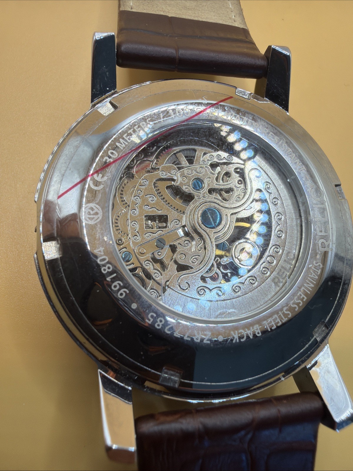 Relic Automatic Skeleton Men’s Watch Blue Dial Brown Leather Strap 100M WR